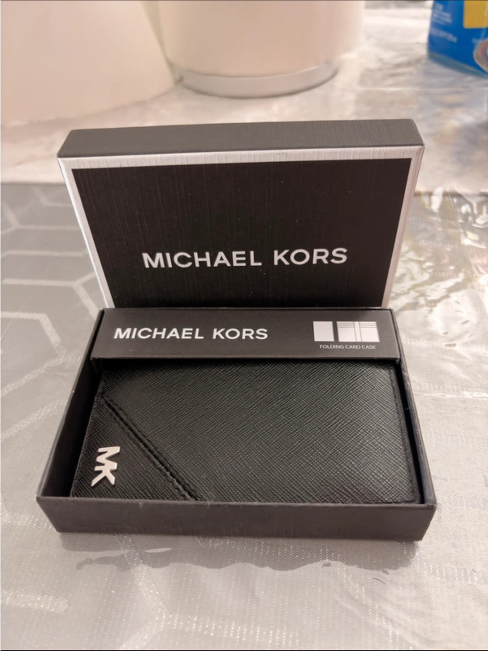 Michael Kors Black Saffiano Folding Card Case with MK Logo